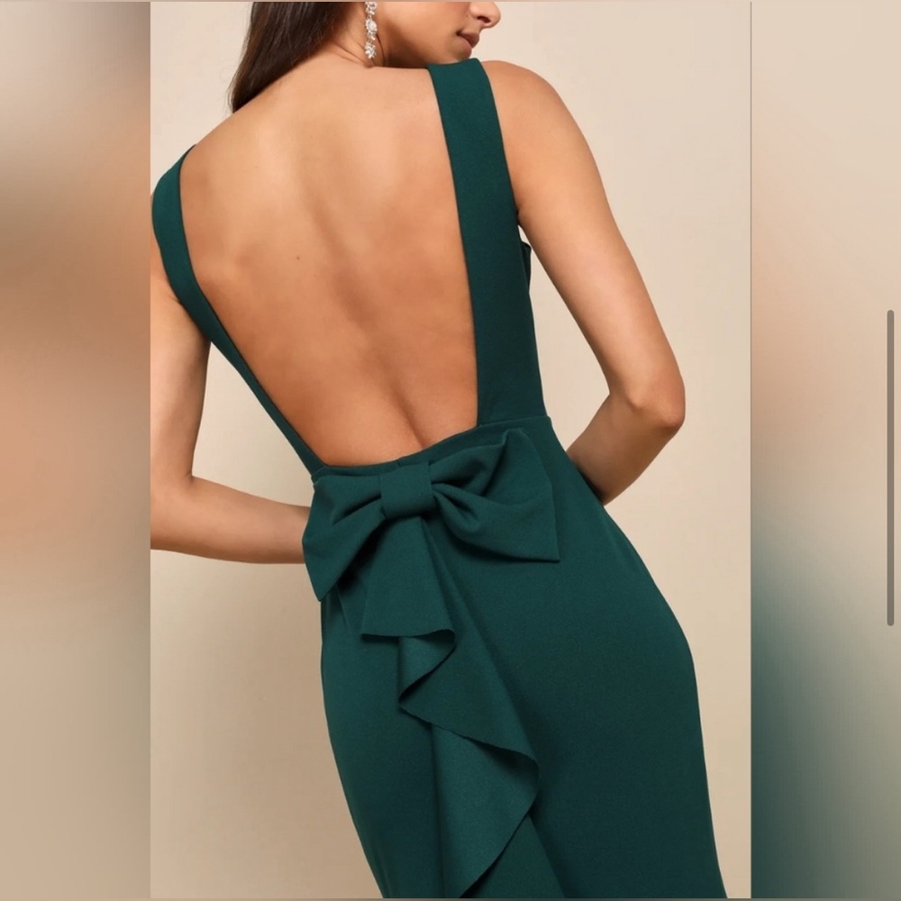 Lulus Current Exquisite Refinement Emerald Backless Bow Ruffled Maxi Dress - Picture 3 of 16